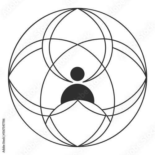 Vector illustration of an abstract black and white sphere with an atomic symbol, a scientific design element