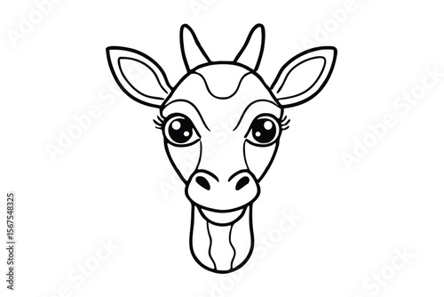 Outlined giraffe head with eyelashes and cute expression on a white background