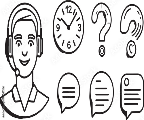 Line art illustration featuring a customer service agent with clock and speech bubbles icons