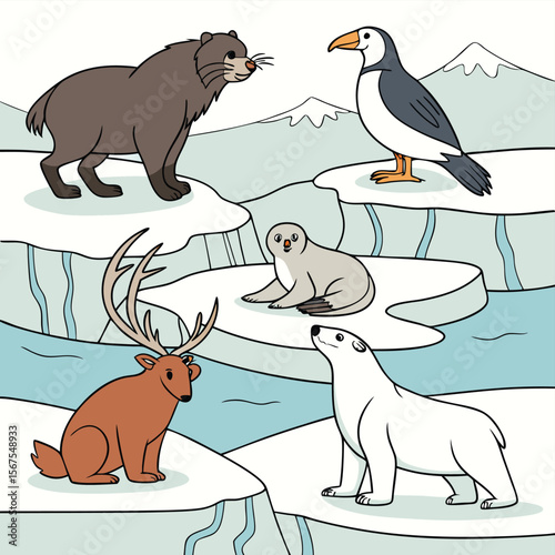 Illustration of arctic animals including an otter, puffin, seal, reindeer, and polar bear on ice floes