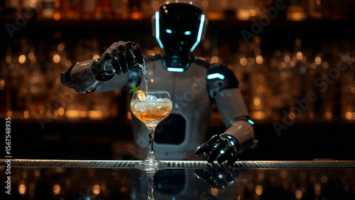 Future AI Bartender Mixing Cocktail at Bar