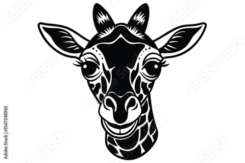 A black and white of a smiling giraffe shows its unique neck pattern