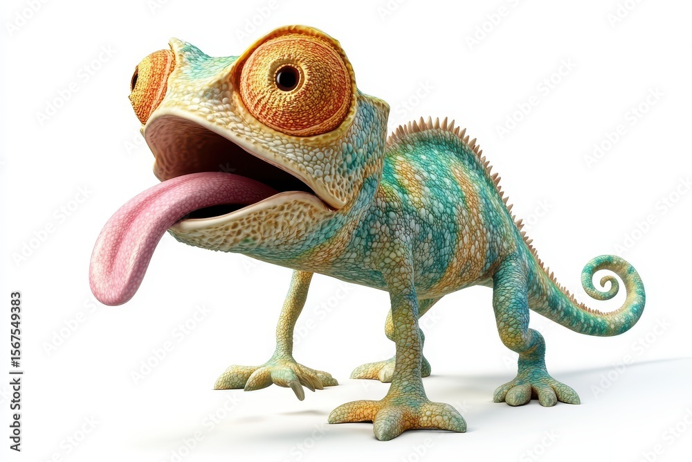 Obraz premium Chameleon eyes moving 3d cartoon character on white background