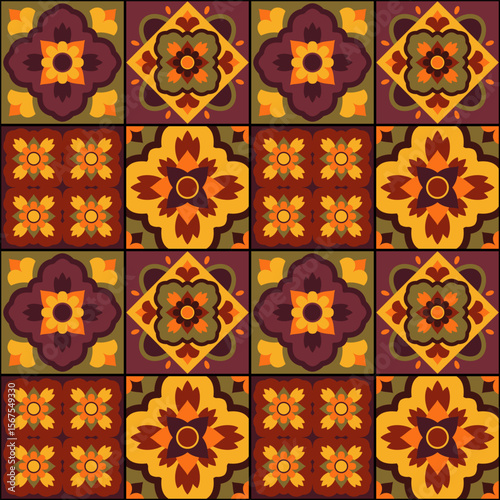 Seamless pattern of colorful spanish tiles creating a lively and decorative background, perfect for adding a touch of mediterranean charm
