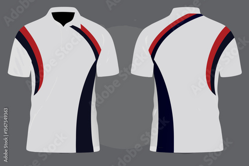 White Polo Shirt Design Template with Navy Blue and Red Accents Front and Back