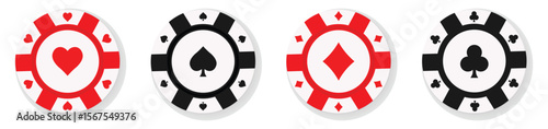poker chips icons set, gambling tokens with suits for poker, online casino gambling, spades hearts diamonds clubs, betting. playing gambling chips concept. Vector illustration and transparent PNG.