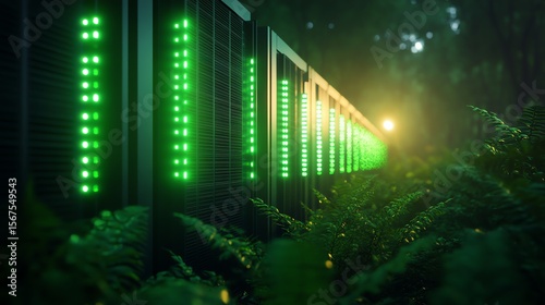 A row of green-lit server racks stands in a forest setting, blending technology with nature under soft sunlight.
