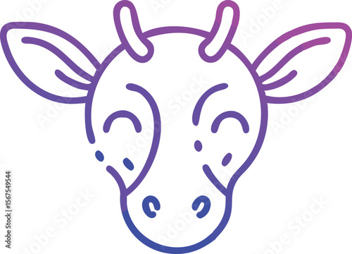 Front view of an animal head showing horns, ears, nose and eye contours