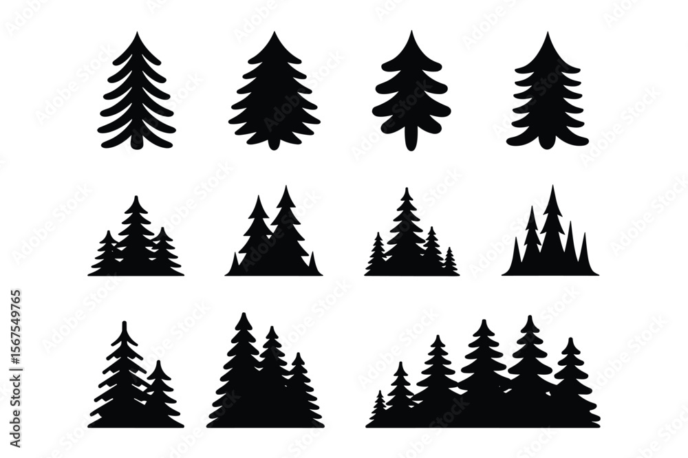 Obraz premium Pine and Fir Tree Forest Silhouettes Set
