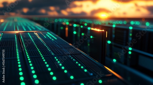 A futuristic data center at sunset with rows of illuminated server racks and glowing digital interfaces.