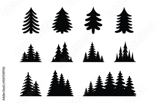 Pine and Fir Tree Forest Silhouettes Set