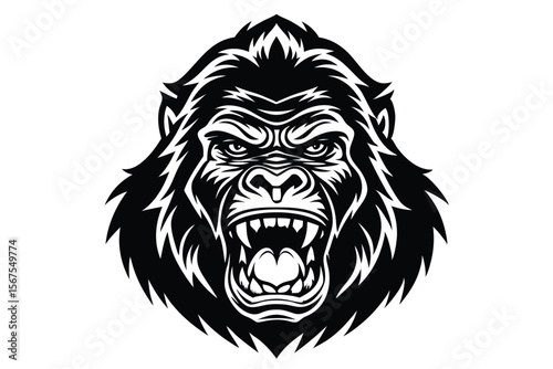 Fierce gorilla shows its teeth with an angry face in a black artwork