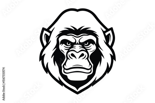 Intimidating gorilla head with furrowed brow gazes intensely forward in bold monochrome style