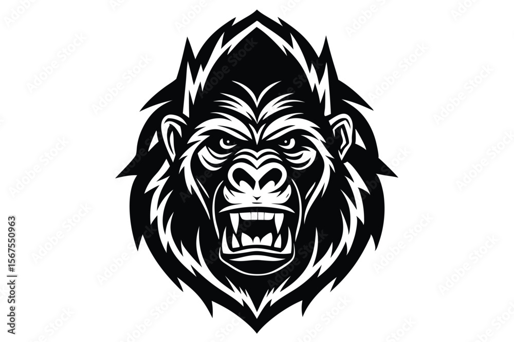 Obraz premium Fierce gorilla head stares forward with a strong and powerful presence dominating the foreground