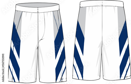 Technical flat sketch of sport shorts with striped design front and back views