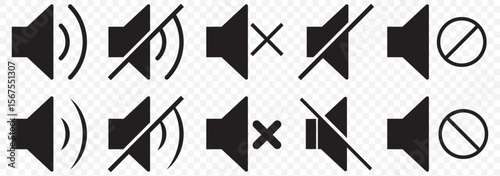 An icon that increases and reduces the sound. Icon showing the mute. A set of sound icons with different signal levels in a flat style. Vector on Transparent Background. EPS 10.