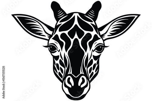 Stylized giraffe head displays striking lines, captivating eyes, and charming horns