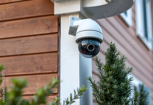 Outdoor security camera on modern building wall
