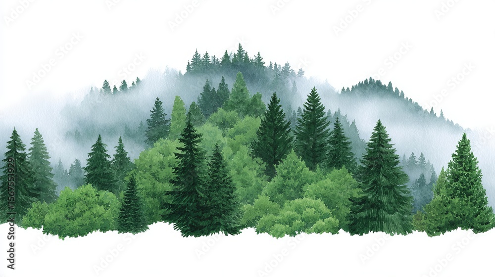 Fototapeta premium Misty evergreen forest whispers ancient secrets, inviting wanderlust souls; perfect for Arbor Day reflections and sylvan meditation retreats