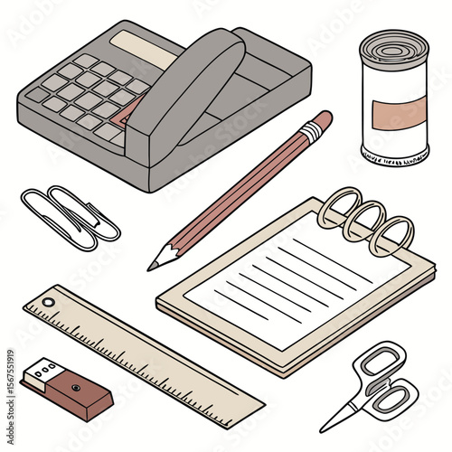 Isometric view of office supplies including a phone, can, notepad, and other stationery items seen above