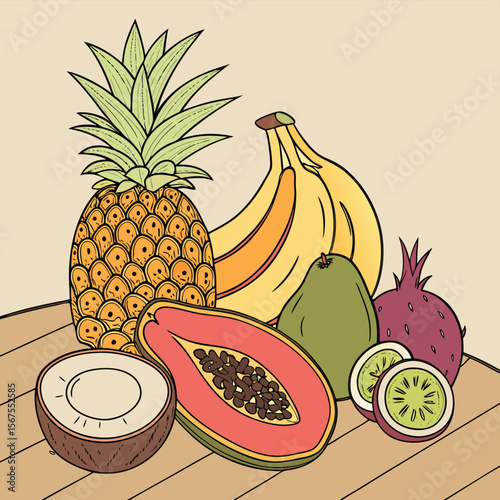 Illustration of a colorful assortment of tropical fruits including pineapple banana and papaya fruit