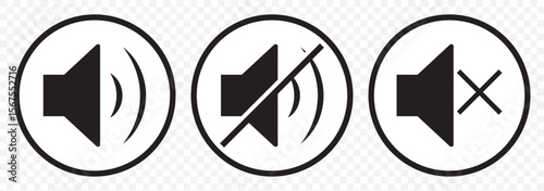 Speaker and mute icon set in black circles. No Sound icon sign mute icon vector illustration. Speaker mute icon isolated on Transparent background. EPS 10.