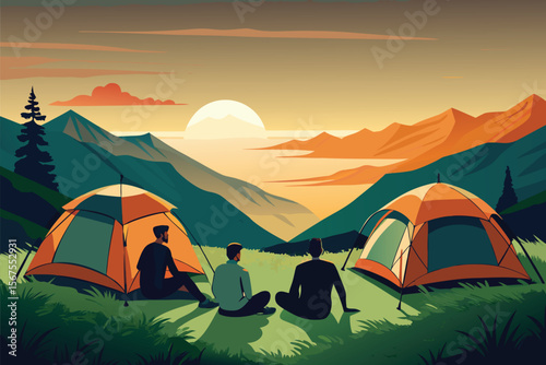 Friends Camping in Mountains Admiring Scenic Sunset Over Valley