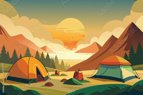 Vector illustration of a camping scene with colorful tents, scenic mountains, and a warm sunset, ideal for outdoor, nature, and adventure themes.