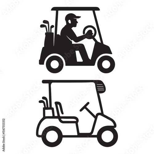 Two golf cart icons, one with a driver and golf clubs, and the other empty, in black and white