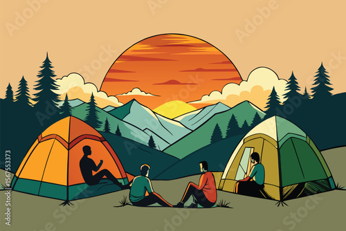 Group of friends camping near tents, enjoying the sunset in a serene mountain setting.