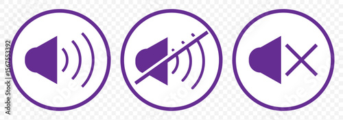 Speaker Volume Icons – Sound, Mute, Increase, Decrease Audio Symbols Set in Violate Color on Transparent Background. EPS 10.
