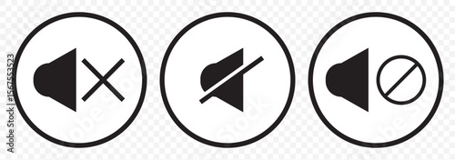 Speaker and mute icon set in black circles. No Sound icon sign mute icon vector illustration. Speaker mute icon isolated on Transparent background. EPS 10.