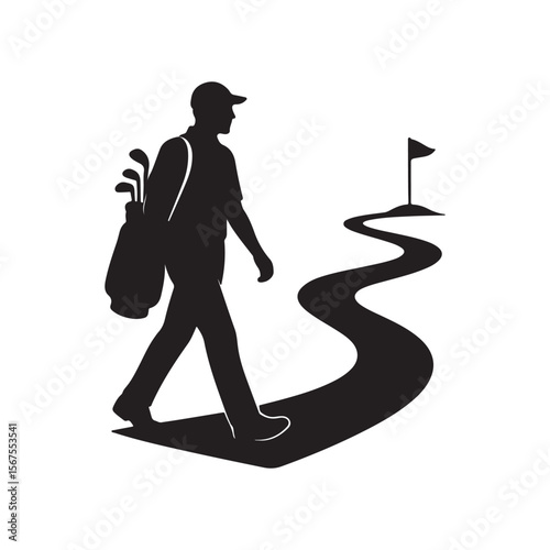 Silhouette of golfer walking with golf bag on a winding path towards the flag on white background