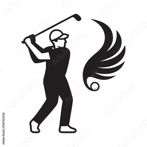 A black and white graphic of a golfer swinging with a wing design and golf ball on the right side