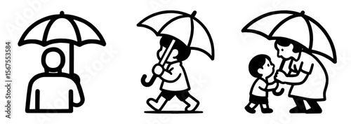 傘を使う人物イラスト素材 、People with Umbrellas Icon Material