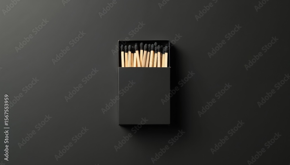 Naklejka premium Minimalist top view of open black matchbox filled with wooden matches. Set against dark grey background, studio shot industrial design, perfect for branding, advertising, as design element.