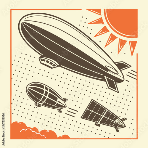 Illustration of three airships flying in the sky with a sun and clouds in the background art