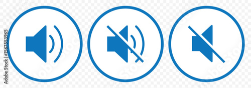 speaker icon set. Blue noise icons symbol. sound level. silent signs. Volume symbol on Transparent Background. EPS 10.