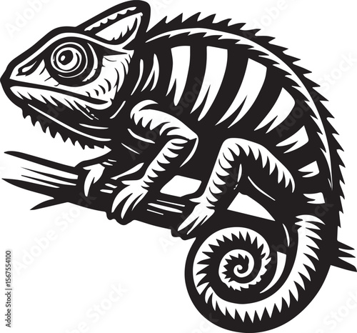 Striped Chameleon Illustration Vector Art of a Reptile on a Branch