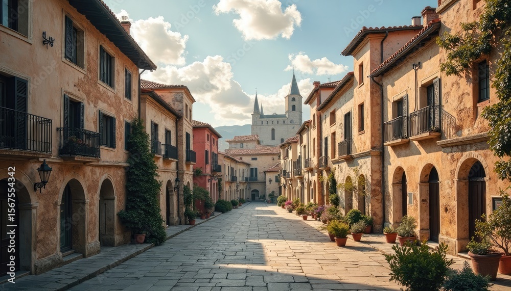 Fototapeta premium A sun-drenched street lined with historic buildings.