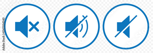 speaker icon set. Blue noise icons symbol. sound level. silent signs. Volume symbol on Transparent Background. EPS 10.