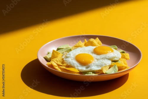 Sunny-side eggs atop crispy nachos, vibrant brunch delight, celebrating National Nachos Day with sunlit zest and golden indulgence