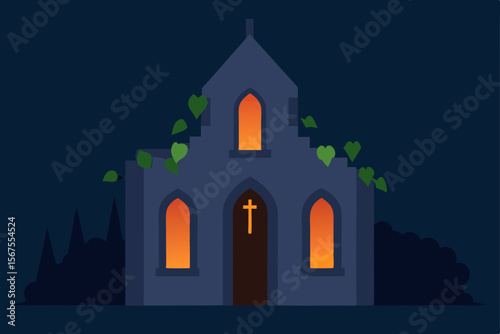 A Candlelit Stone Chapel At Dusk With Stained Glass Glow