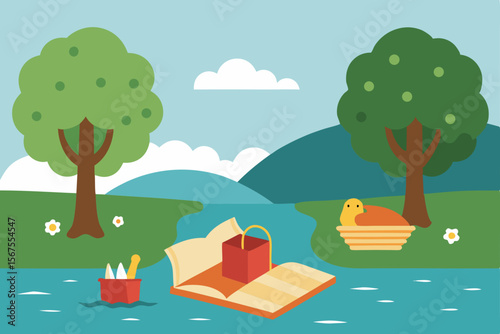 A Charming Lakeside Picnic Scene With A Checkered Blanket