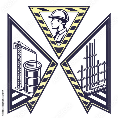 Construction themed emblem with worker, crane, barrel, and rebar in triangular designs outlined
