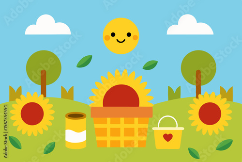 A Cheerful Picnic In A Sunflower Field With Wicker Baskets