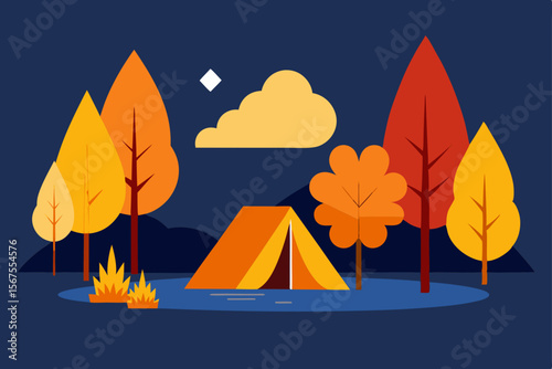 A Cozy Autumn Campsite Surrounded By Golden Trees And Campfire
