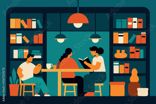 A Cozy Bookstore Cafe With Shelves Of Novels And Brewed Coffee