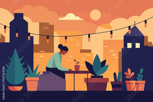 A Cozy Rooftop Garden At Sunset With Potted Plants And Greenery