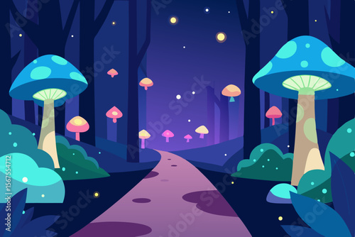 Magical Starlit Forest with Glowing Mushrooms Lit